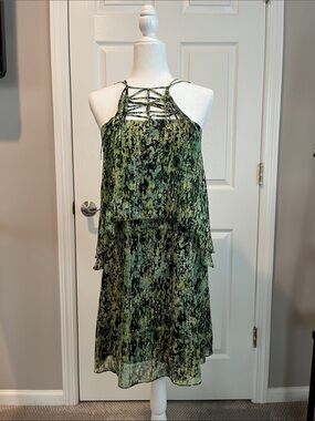 BCBGMaxAzria Green Printed Halter-Tiered Mini Dress